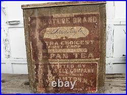 1890s lg TIN JAPAN TEA STORE BIN -J. MILLS ELY Co. DISPLAY- ANTIQUE COFFEE RARE