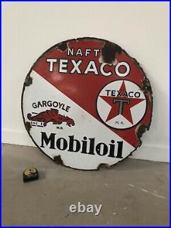 Ancienne Plaque Emaillee Texaco / Mobiloil Rare Enamel Sign Emailschild Bord