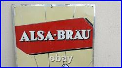 Ancienne rare plaque publicitaire en tôle bière d'Alsace ALSA-BRAU avec cigogne