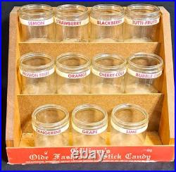 Antique Gillihams Candy Stick Glass Holder Jars In Wood Store Display Rare