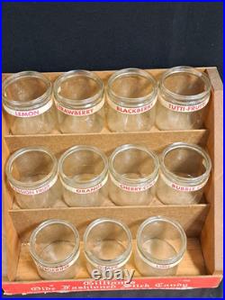Antique Gillihams Candy Stick Glass Holder Jars In Wood Store Display Rare
