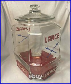 EXTREMELY RARE 1930'S 12 LANCE JAR With RED METAL STAND AND OVER LIP GLASS LID