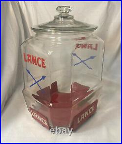 EXTREMELY RARE 1930'S 12 LANCE JAR With RED METAL STAND AND OVER LIP GLASS LID