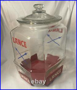 EXTREMELY RARE 1930'S 12 LANCE JAR With RED METAL STAND AND OVER LIP GLASS LID