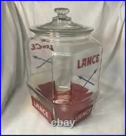 EXTREMELY RARE 1930'S 12 LANCE JAR With RED METAL STAND AND OVER LIP GLASS LID