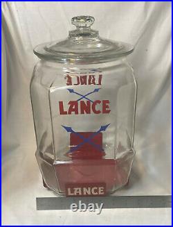 EXTREMELY RARE 1930'S 12 LANCE JAR With RED METAL STAND AND OVER LIP GLASS LID