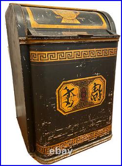 Large Rare Original Antique Chinoiserie Toleware Van Dyk Store Display Tea Bin
