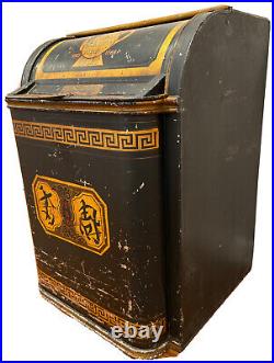Large Rare Original Antique Chinoiserie Toleware Van Dyk Store Display Tea Bin