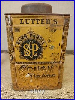 Lutted's S. P. Cough Drops Metal Tin with Lid, Buffalo NY Advertising Rare FS