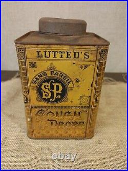 Lutted's S. P. Cough Drops Metal Tin with Lid, Buffalo NY Advertising Rare FS