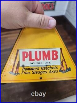 Original Antique Plumb Hammer Axe Hatchet Metal Store Display Rack Sign RARE