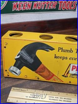 Original Antique Plumb Hammer Axe Hatchet Metal Store Display Rack Sign RARE