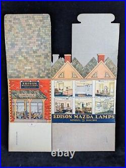 RARE 1930 LAMPVILLE Train Station Store Display GE Edison Mazda Lamps Litho Ad