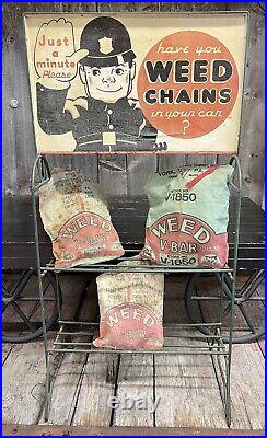 RARE 1930s Weed Chains Gas Station Advertising Display Rack & Double Sided Sign