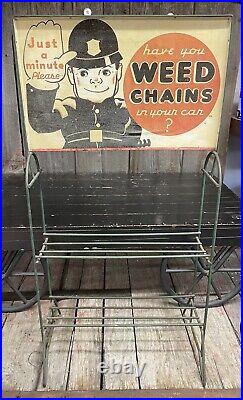 RARE 1930s Weed Chains Gas Station Advertising Display Rack & Double Sided Sign