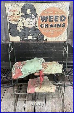 RARE 1930s Weed Chains Gas Station Advertising Display Rack & Double Sided Sign