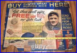 RARE 1934 Quaker Oats PUFFED WHEAT Babe Ruth Baseball Yankees Store Display SIGN RARE 1934 Quaker Oats PUFFED WHEAT Babe Ruth Baseball Yankees Store Display SIGN