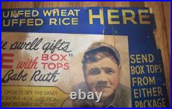 RARE 1934 Quaker Oats PUFFED WHEAT Babe Ruth Baseball Yankees Store Display SIGN RARE 1934 Quaker Oats PUFFED WHEAT Babe Ruth Baseball Yankees Store Display SIGN