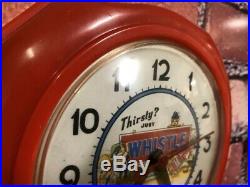 RARE 1950s VTG RED WHISTLE SODA STORE DISPLAY ADVERTISING DINER WALL CLOCK SIGN