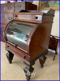 RARE ANTIQUE Walnut ROLL TOP Country Store Showcase WATCH DISPLAY Cabinet
