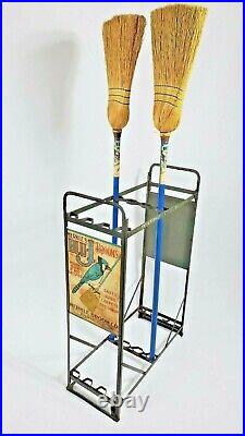 RARE Merkle's Blu-J Antique Country Store Broom Display w 2 Brooms NICE