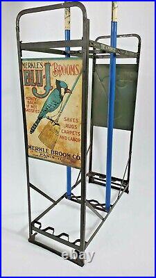 RARE Merkle's Blu-J Antique Country Store Broom Display w 2 Brooms NICE