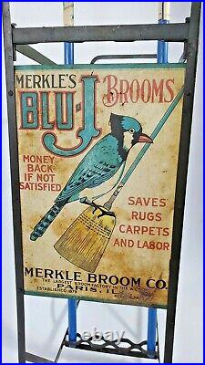 RARE Merkle's Blu-J Antique Country Store Broom Display w 2 Brooms NICE