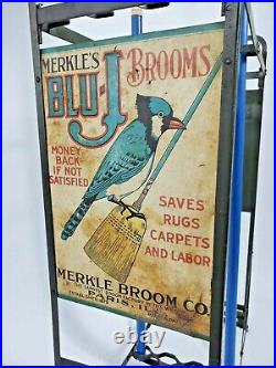 RARE Merkle's Blu-J Antique Country Store Broom Display w 2 Brooms NICE