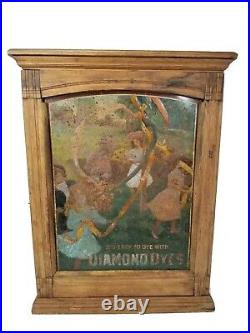 Rare Antique 1890s Diamond Dye Oak & Tin Litho Display Cabinet Store Advertising
