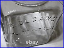 Rare COLCANS Taffy Tolu Glass General Store Display Jar Early 1900s Era