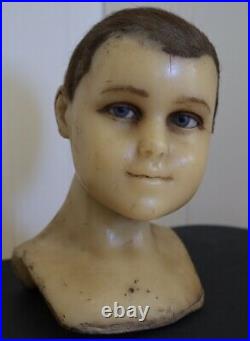 Rare Victorian Antique Boy Wax Mannequin Head W Glass & Real Hair