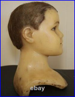 Rare Victorian Antique Boy Wax Mannequin Head W Glass & Real Hair