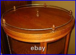 Rare antique round rotating oak display case w cast iron base-15732