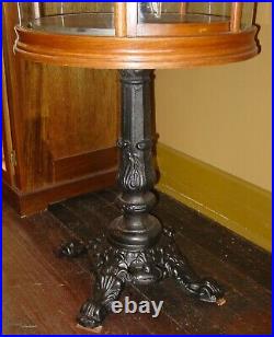 Rare antique round rotating oak display case w cast iron base-15732