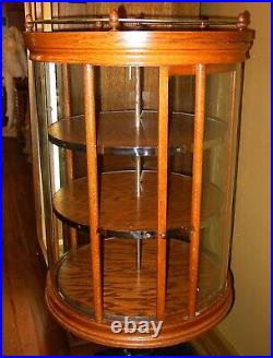 Rare antique round rotating oak display case w cast iron base-15732