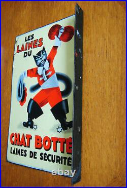 Tres Rare Plaque Emaillee Ancienne Eas Double Face Chat Botte