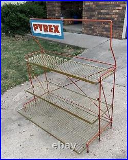 VERY RARE Pyrex Wire Rack Metal Standing Store Display With Sign WOW