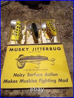 Vintage Arbogast Muskie Jitterbug 3 Pack Ultra Rare store display box