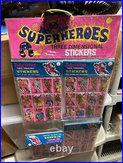 Vintage SUPERHEROES puffy sticker store display unit 12 packs ultra rare