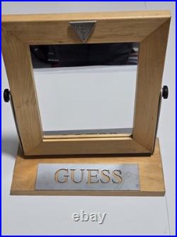 Vtg GUESS U. S. A. Rotating Mirror Store Display Wooden Mounted On Stand Rare