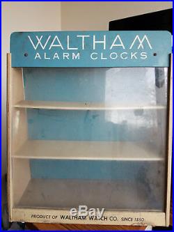 Waltham Alarm Clocks Store Display Antique Vintage Collectible Rare Wood Cabinet